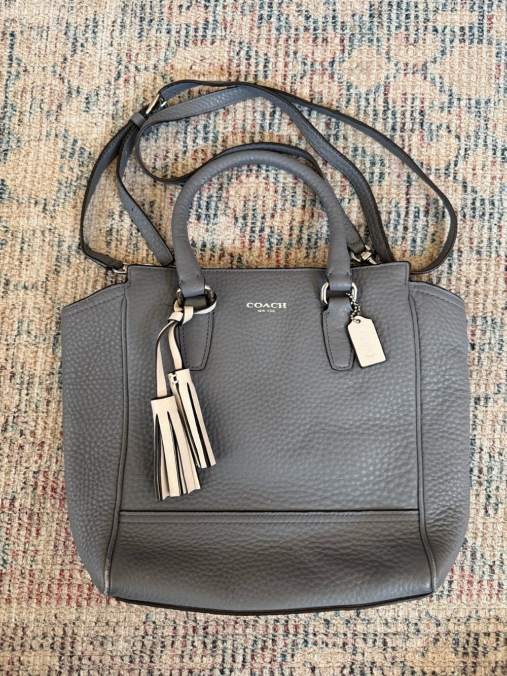 COACH Pebbled Leather Grey Crossbody Tote with Tassel